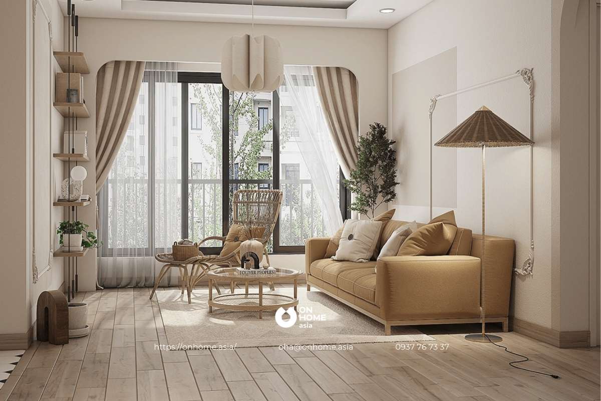 Nội thất phòng khách với tông màu nâu và trắng thanh lịch
