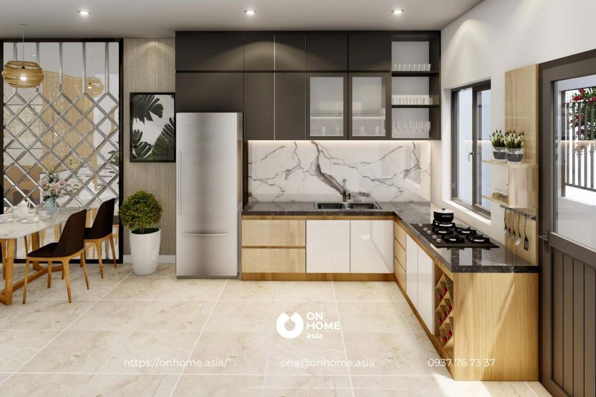 Thiết kế tủ bếp chữ L hiện đại, đơn giản