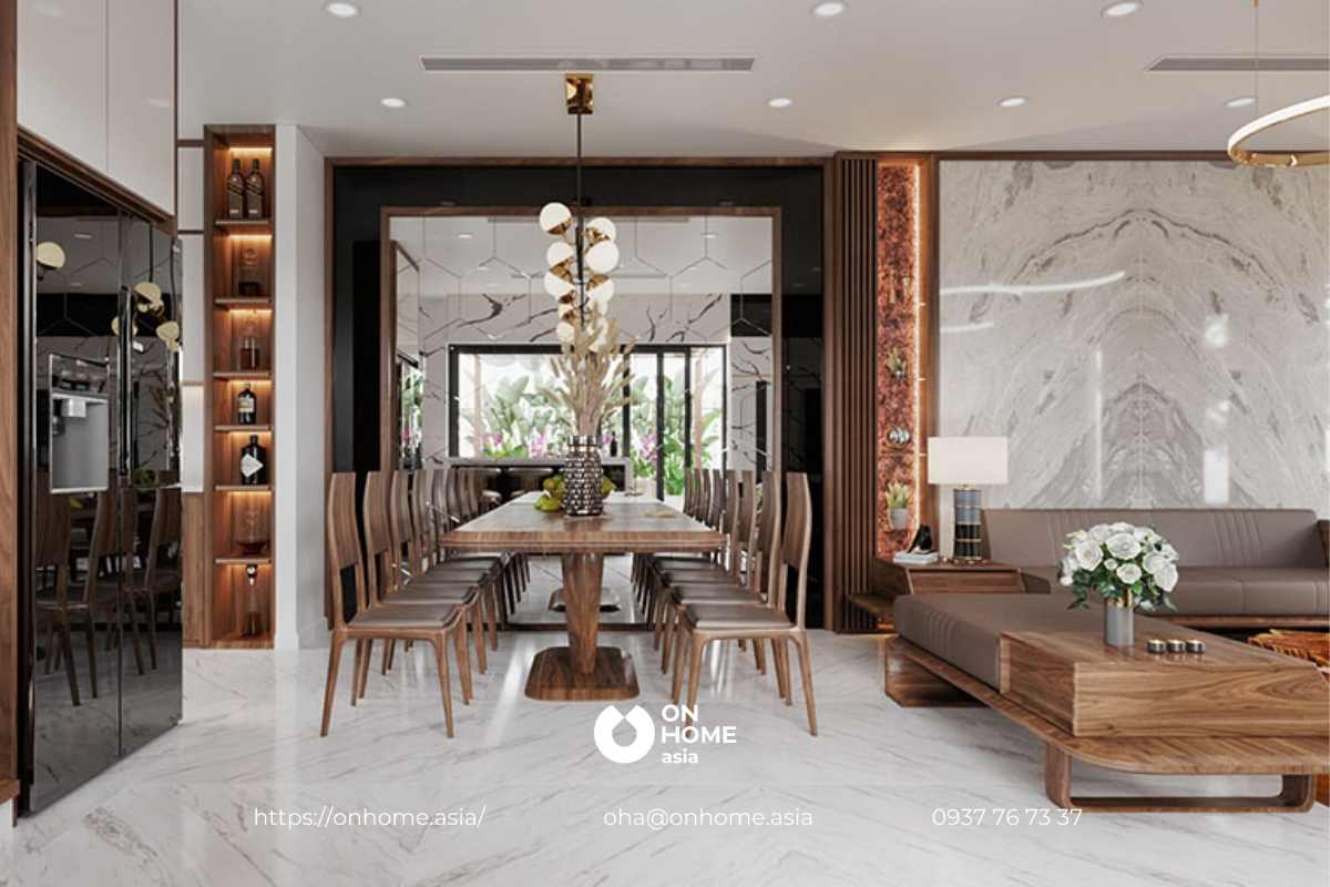 Phòng khách thiết kế liền bếp tạo sợi dây liên kết toàn bộ không gian