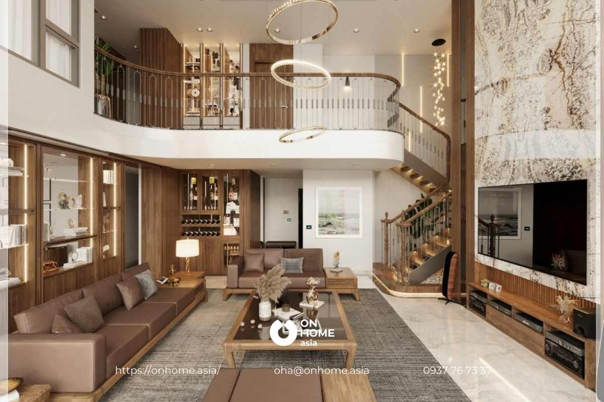 Toàn bộ nội thất phòng khách đều được làm từ gỗ Óc Chó nhập khẩu cao cấp