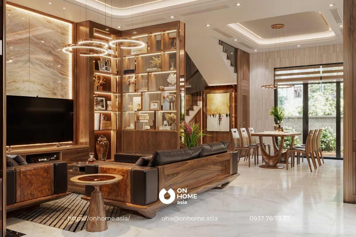 Tủ trang trí phòng khách gỗ Óc Chó sang trọng