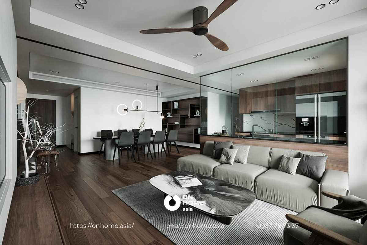 Phòng khách nối liền phòng bếp hiện đại, đơn giản