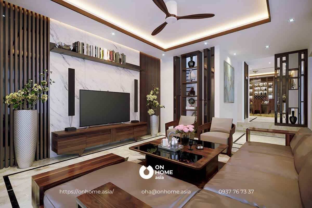 Nội thất phòng khách gỗ Óc Chó với tông trắng và nâu thanh lịch