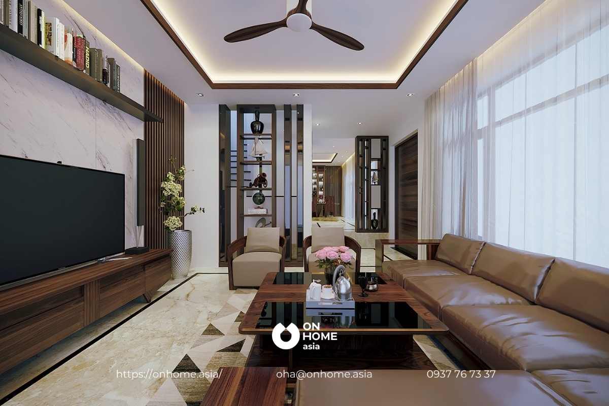 Tủ trang trí phòng khách bằng gỗ Óc Chó đơn giản, hiện đại