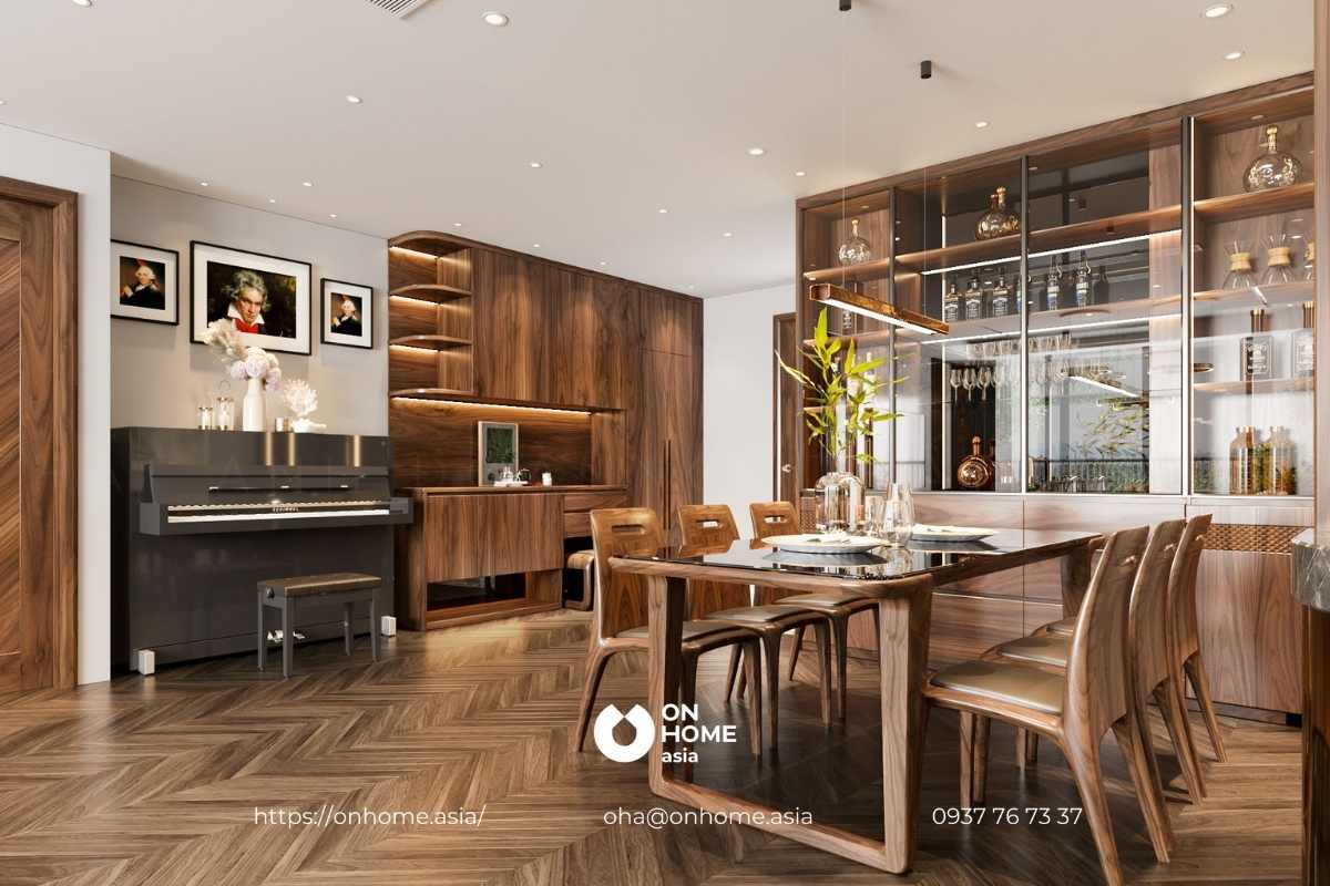 Tủ rượu gỗ Óc Chó kết hợp kính hiện đại