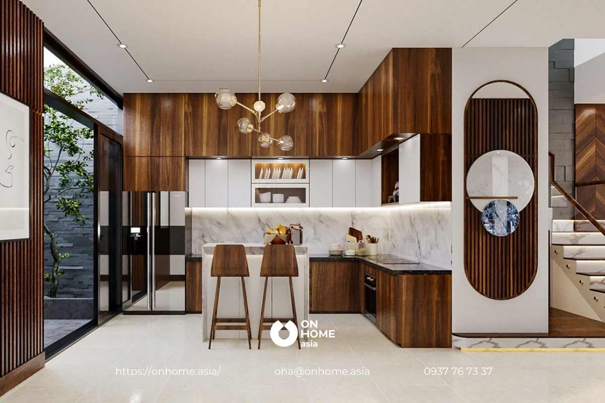 Tủ bếp gỗ Óc chó kết hợp với gỗ công nghiệp cao cấp