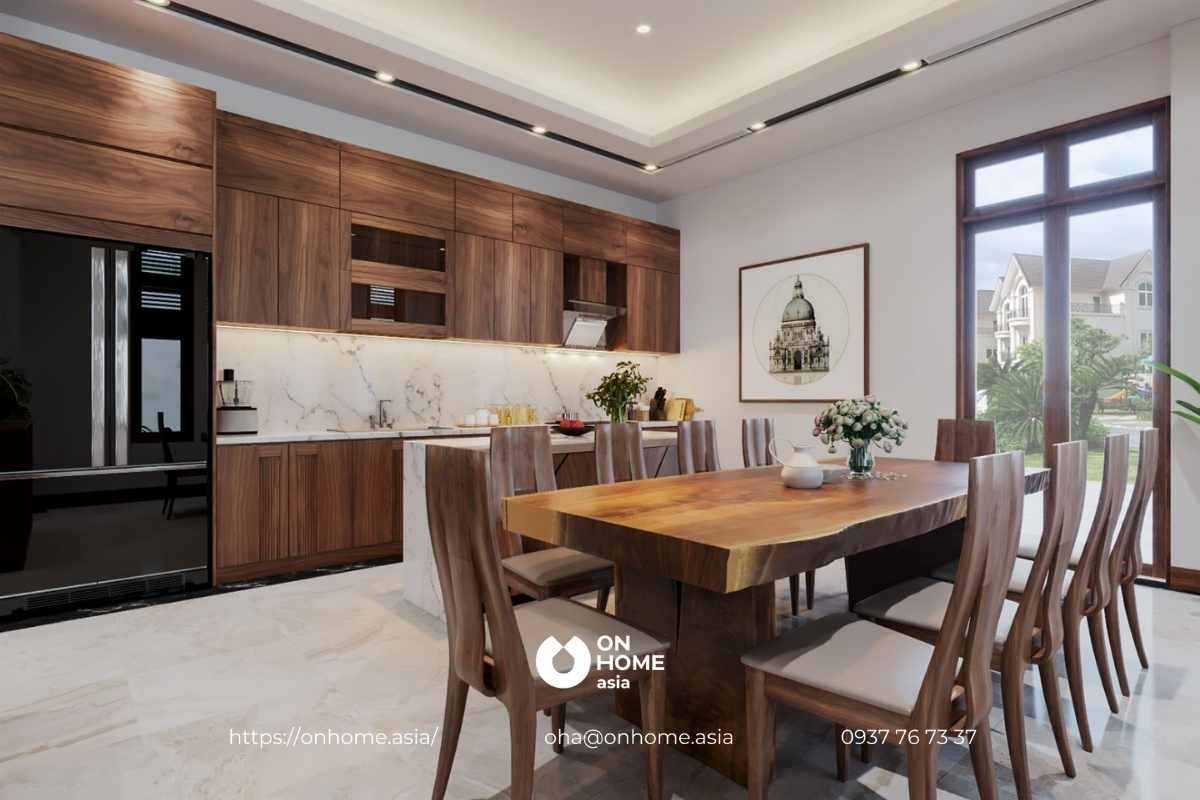 Thiết kế nội thất phòng bếp gỗ Óc Chó sang trọng