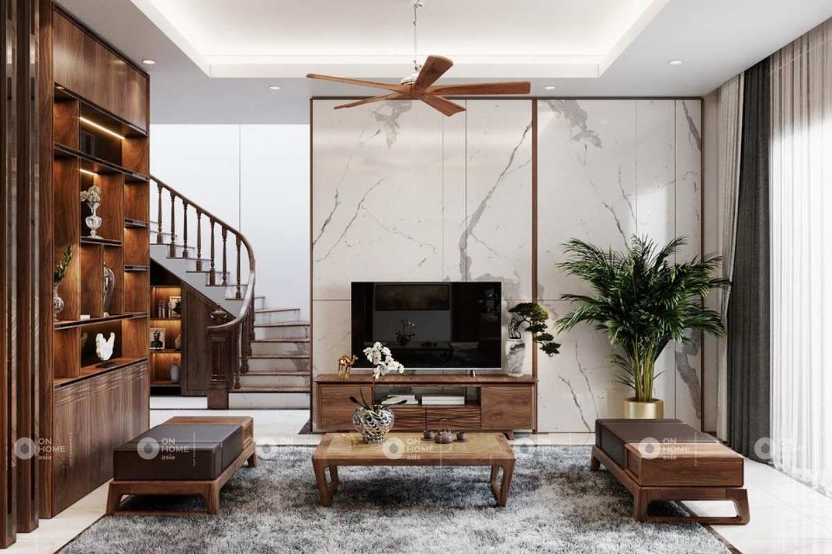 Nội thất nhà phố 120m2 với chất liệu gỗ óc chó