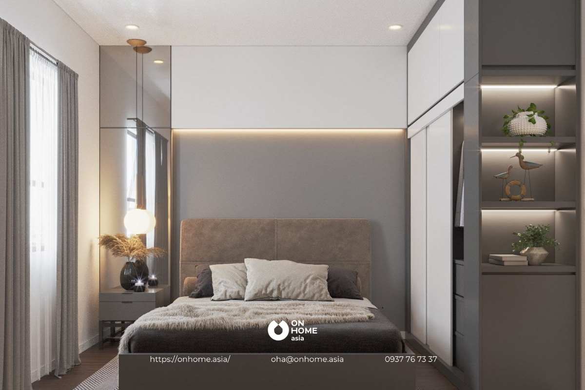 Nội thất phòng ngủ với gam màu xám thanh lịch, sang trọng