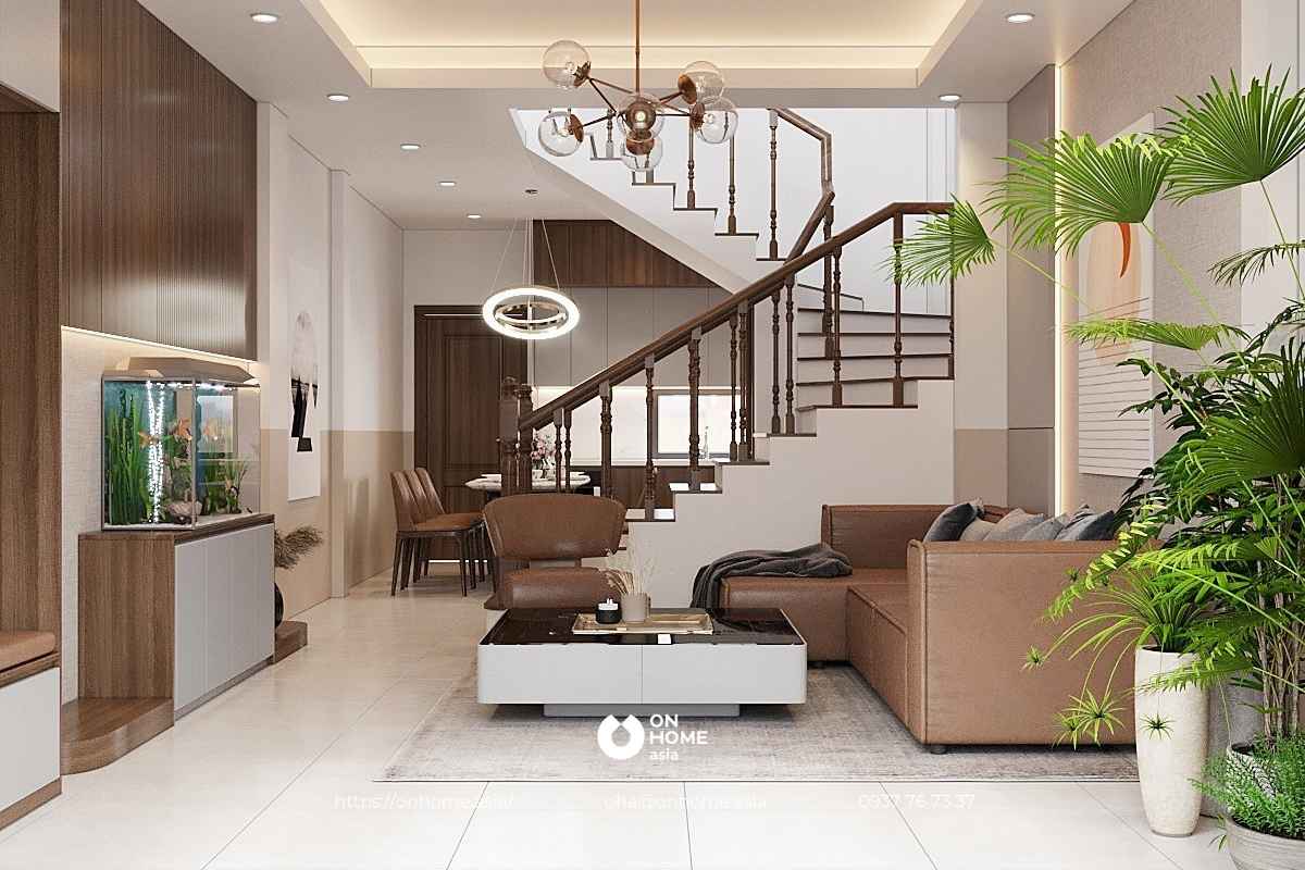 Thiết kế nội thất 50m2 đẹp với tông màu nâu và trắng