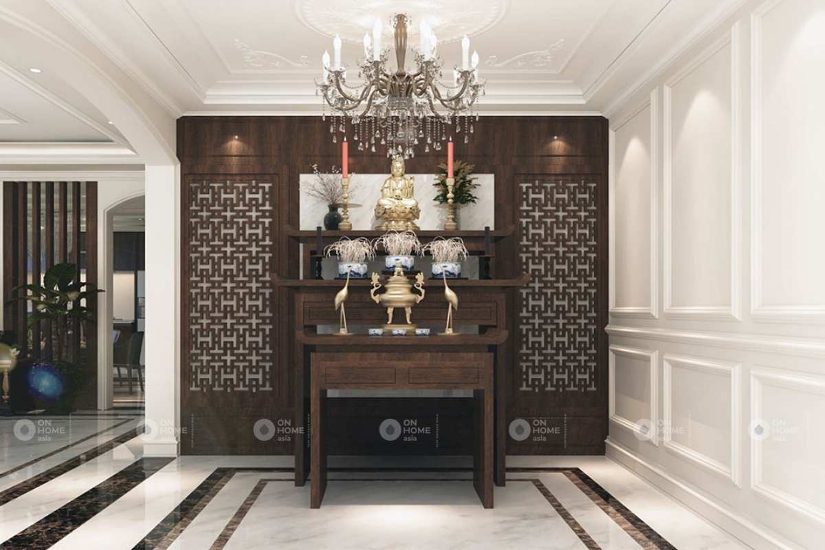 Thiết kế phòng thờ với gỗ tự nhiên đem đến cảm giác ấm cúng&nbsp;