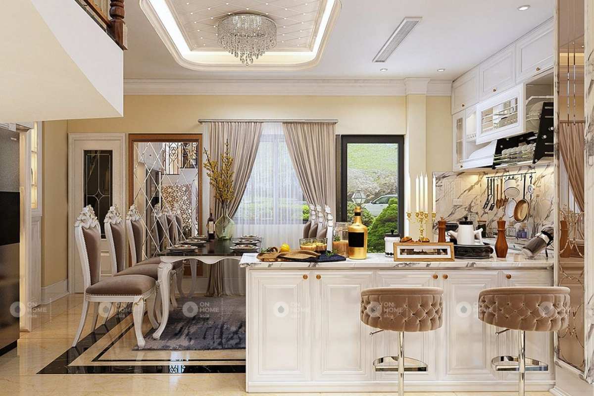 Phòng bếp nhà phố tân cổ điển được thiết kế ấn tượng