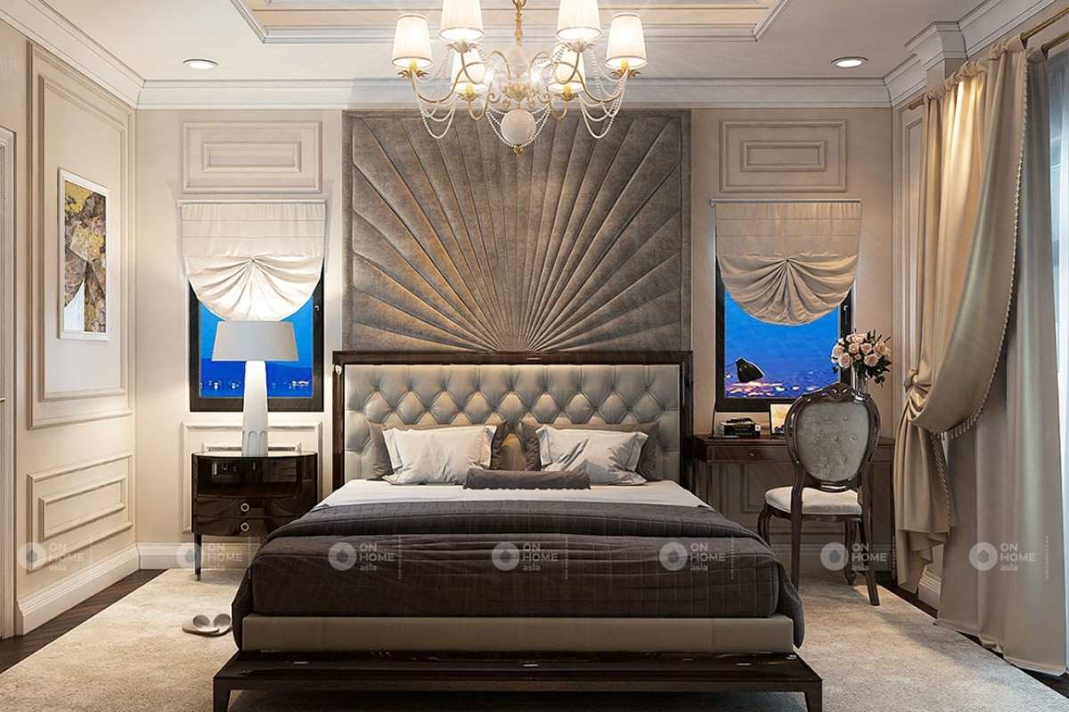 Phòng ngủ nhà phố tân cổ điển với tone trầm ấm