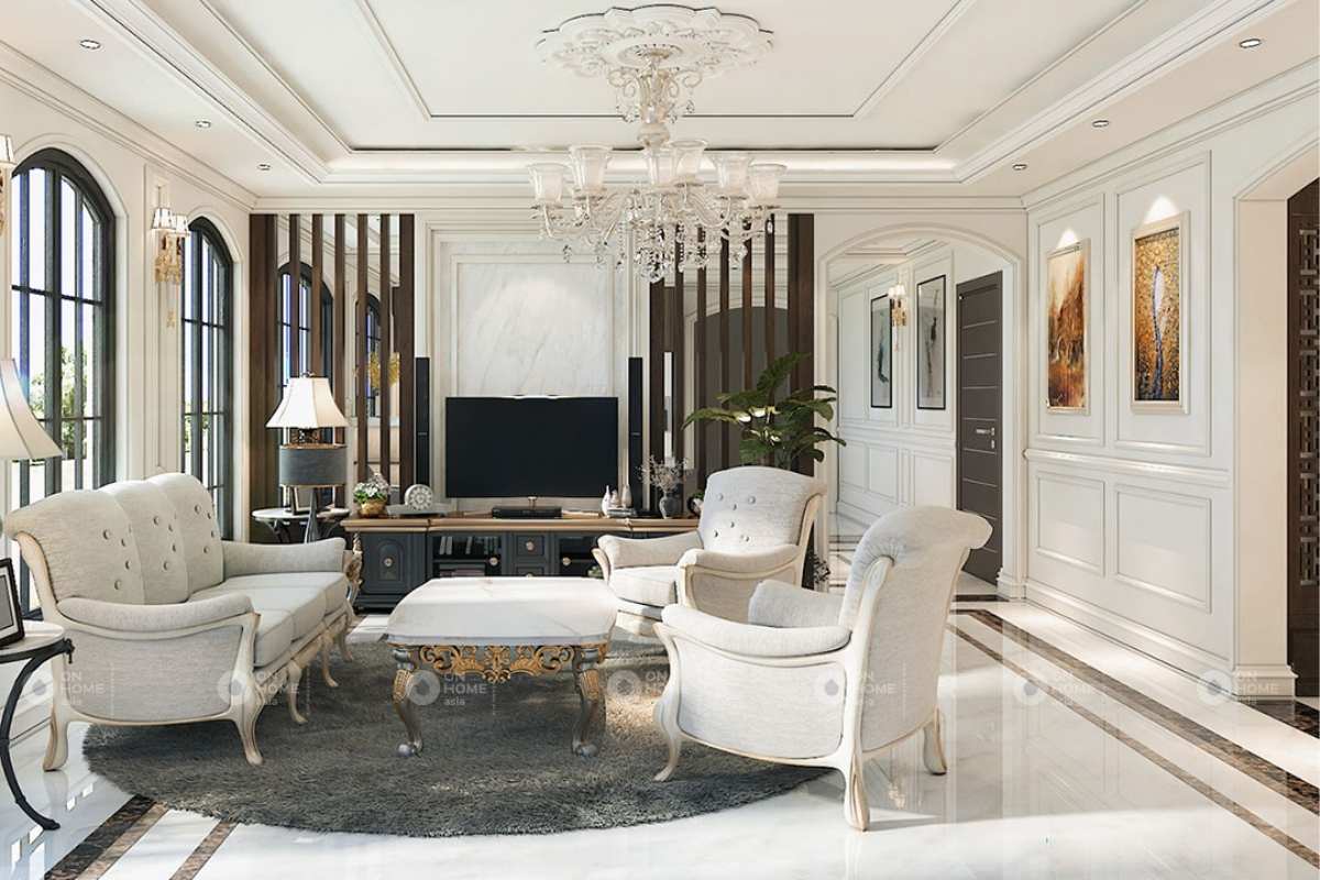 Nội thất phòng khách tân cổ điển thanh lịch với tone trắng chủ đạo