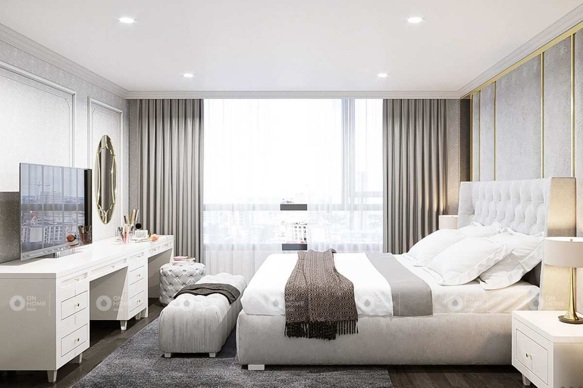 Nội thất nhà phố tân cổ điển với phòng ngủ tone xám