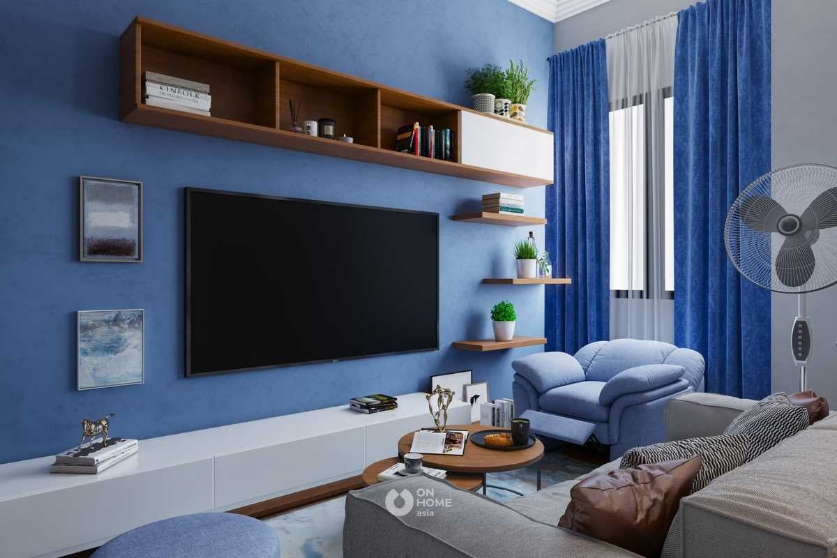 Nội thất phòng khách đẹp với màu xanh nổi bật