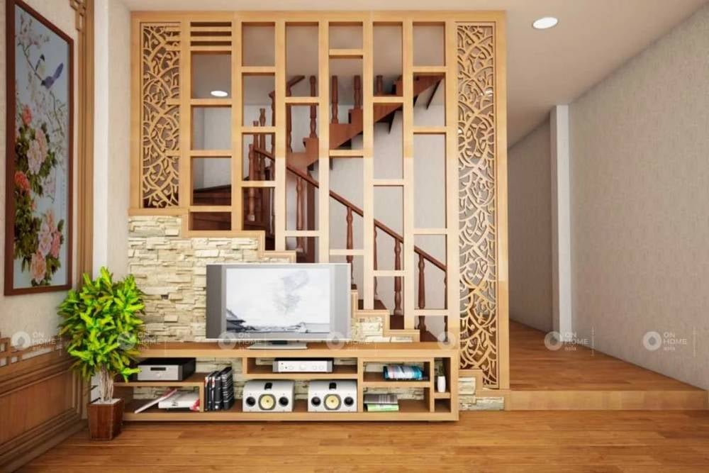 Tủ vách ngăn bằng gỗ phòng khách đẹp