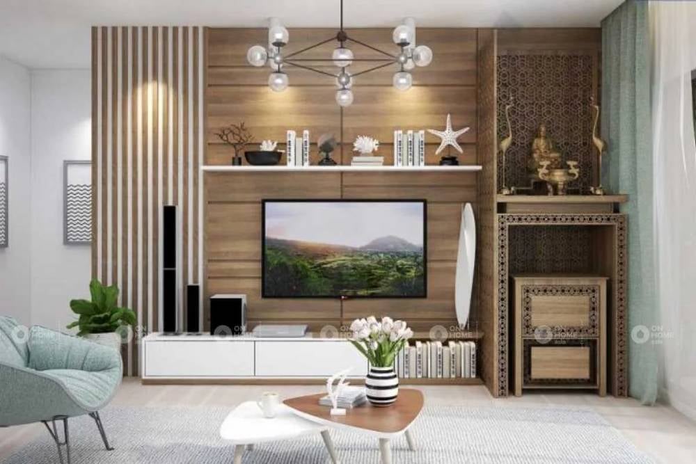 Vách ngăn nhựa giả gỗ phòng khách