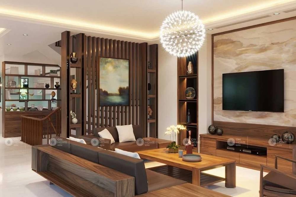 Vách ngăn phòng khách bằng gỗ đẹp