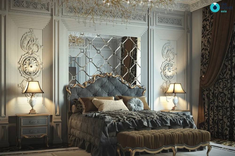 Phòng ngủ với những đường nét hoa văn được thiết kế rất tinh xảo.