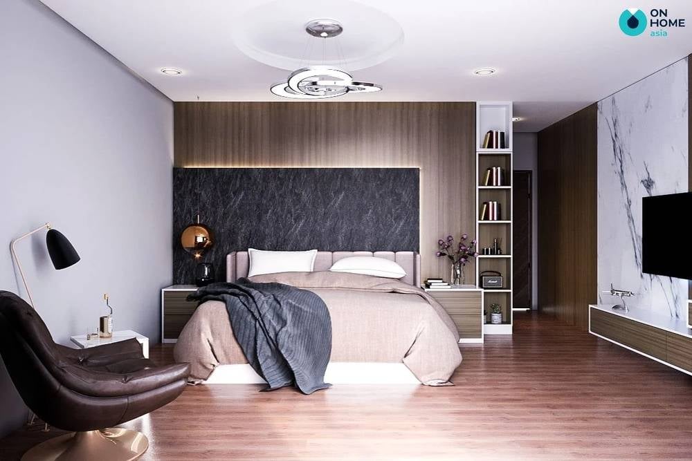 Phòng ngủ được thiết kế với màu trang và nâu gỗ làm chủ đạo.
