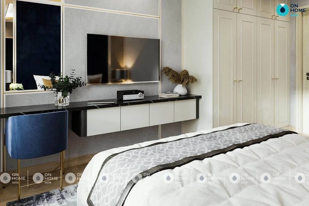 Mẫu phòng ngủ phong cách tân cổ điển có diện tích 28m2 của anh Hoàng Duy ở căn hộ Compass One.