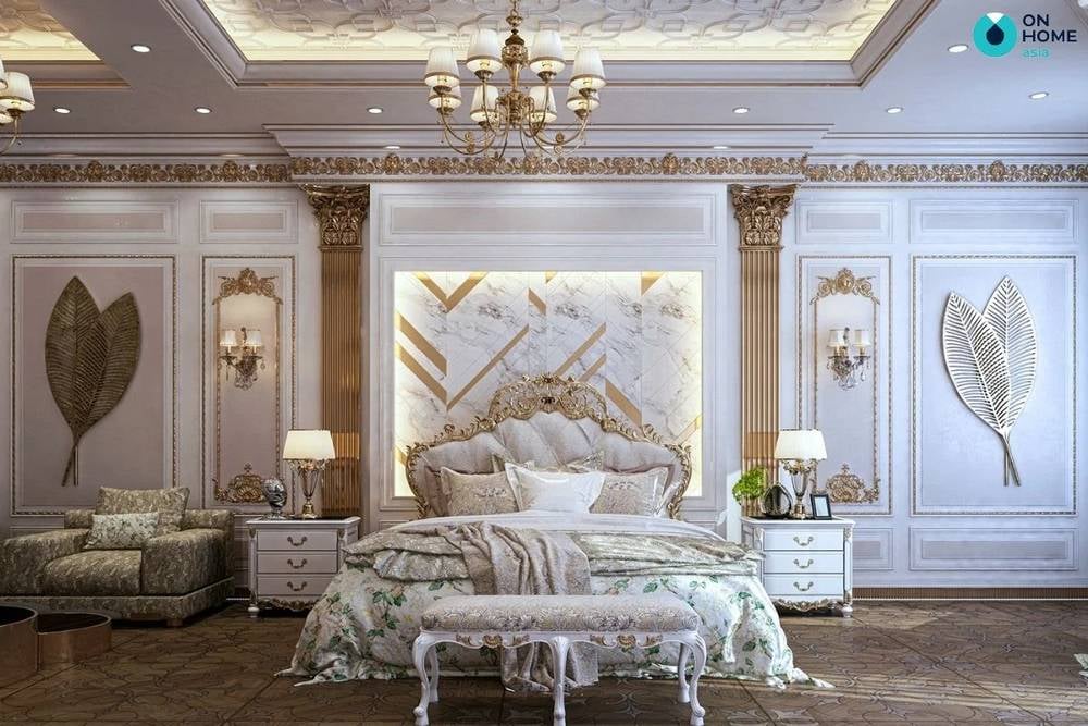 Căn phòng được thiết kế với phòng cách cổ điển sử dụng tone màu trắng làm chủ đạo.