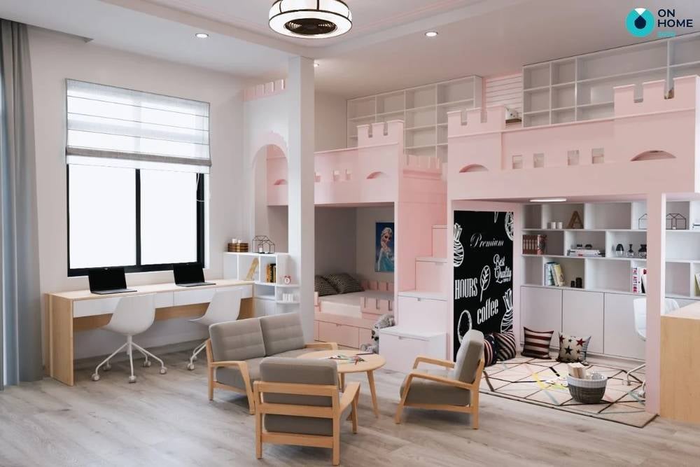Nội thất phòng ngủ 19m2 màu trắng hồng cho bé gái với thiết kế giường tầng 
