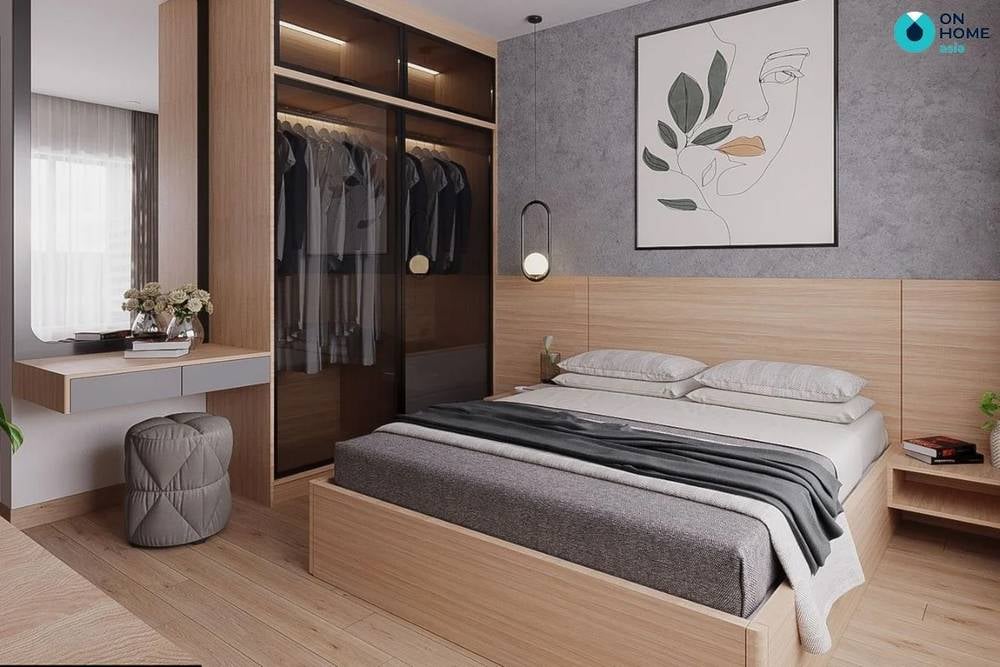 Không gian phòng ngủ Compass One 29m2 với thiết kế bằng gỗ của gia đình anh Thế Mạnh.
