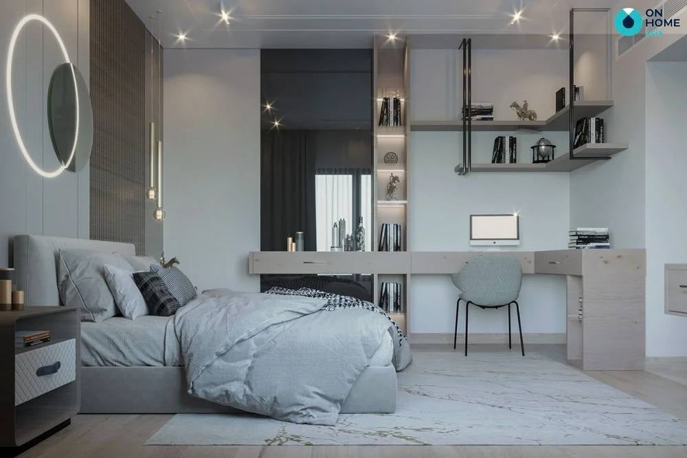 Bàn trang điểm được thiết kế nối liền với bàn làm việc vừa tiết kiệm được diện tích vừa tạo nên vẻ hiện đại cho căn phòng.