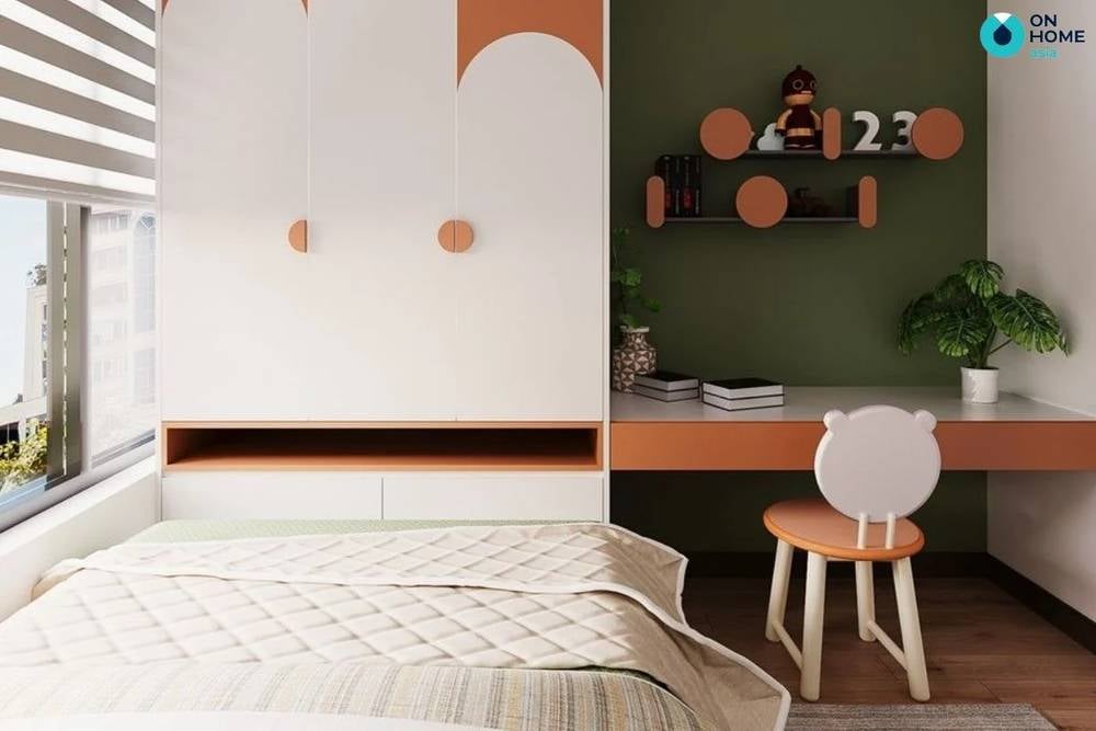 Không gian phòng ngủ nhỏ 10m2 cho bé gái với gam màu sắc tươi sáng.
