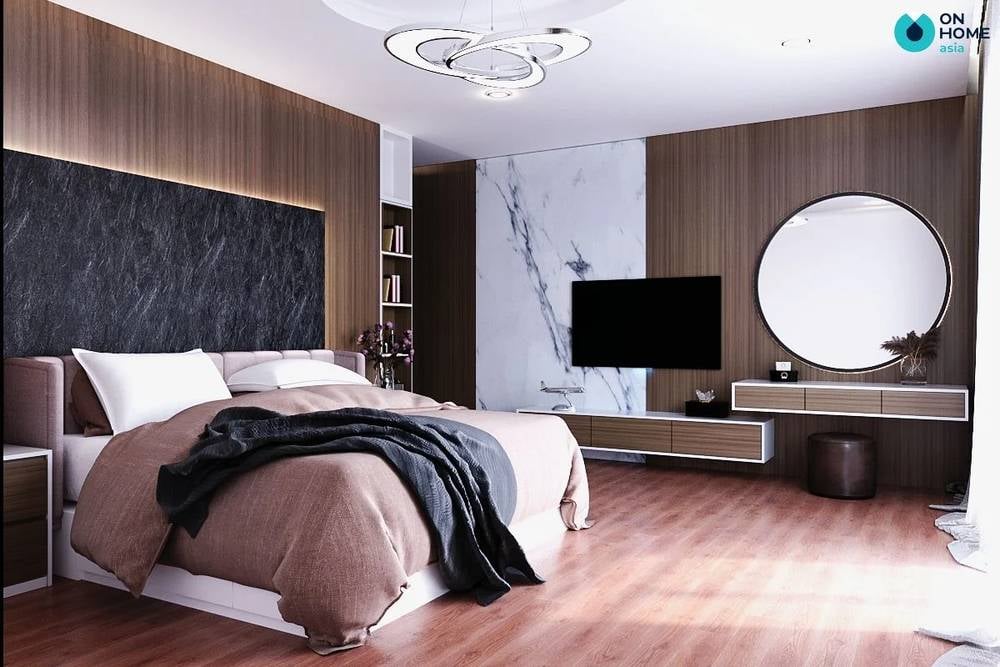 Kệ tivi và bàn trang điểm được thiết kế gần nhau những vẫn tạo được nét thẩm mỹ cho căn phòng.