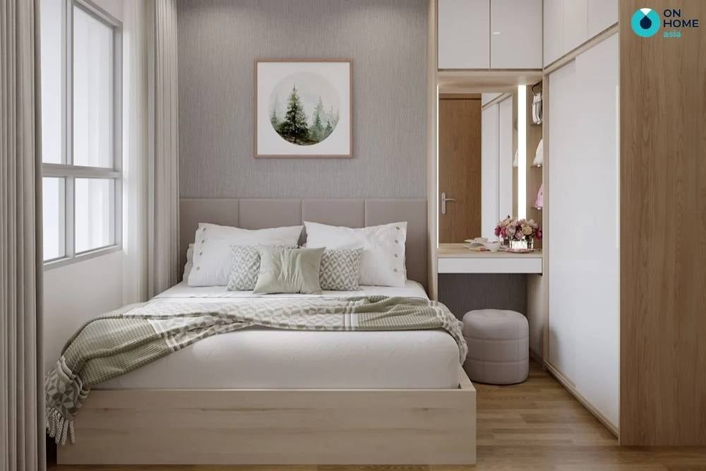 Tủ quần áo kết hợp với bàn trang điểm giúp không gian rộng rãi hơn.
