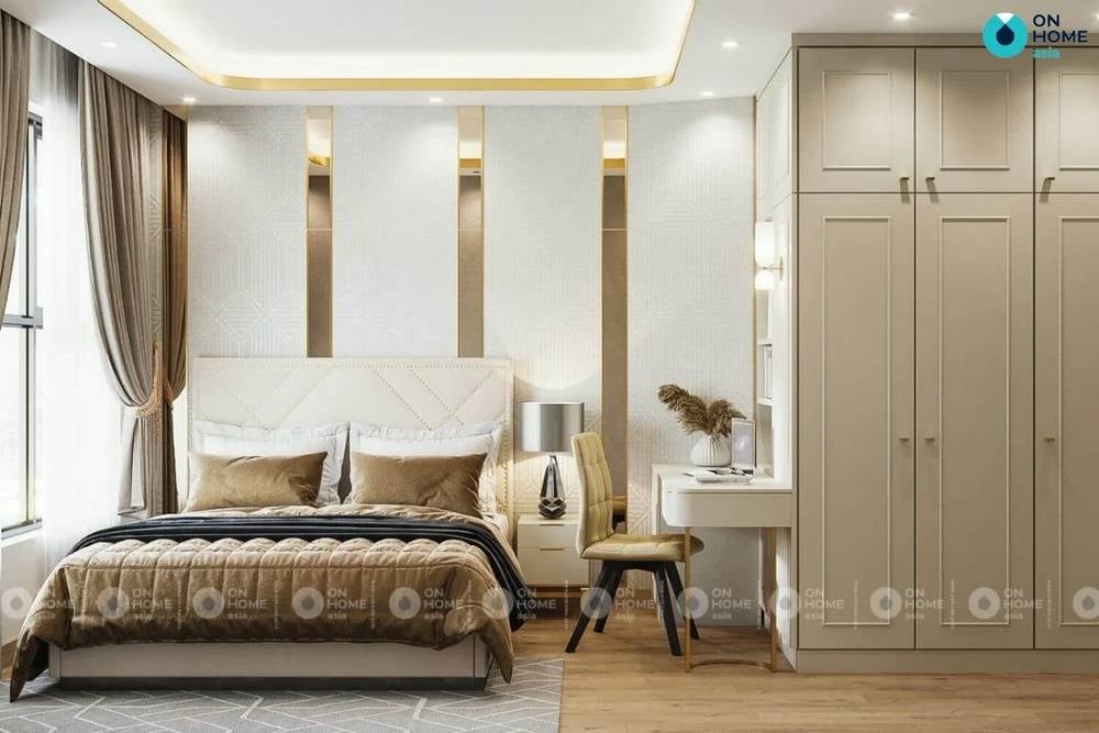 Căn phòng với giường ngủ được bố trí cạnh cửa sổ lấy ánh sáng tự nhiên dễ chịu.