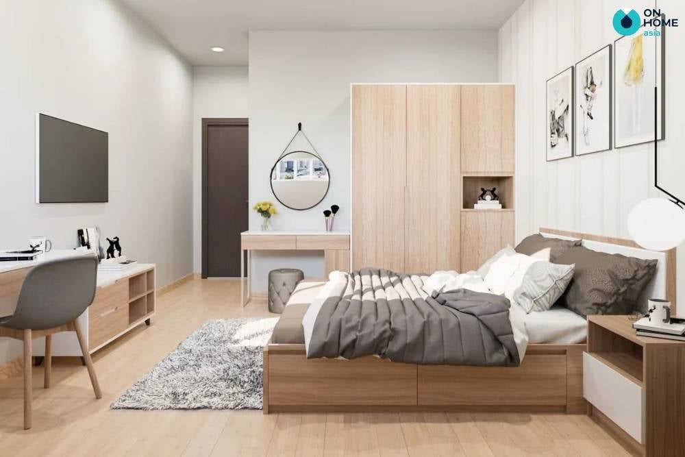Giường ngủ và tủ quần áo được thiết kế cùng màu tạo sự liên kết ấm áp.