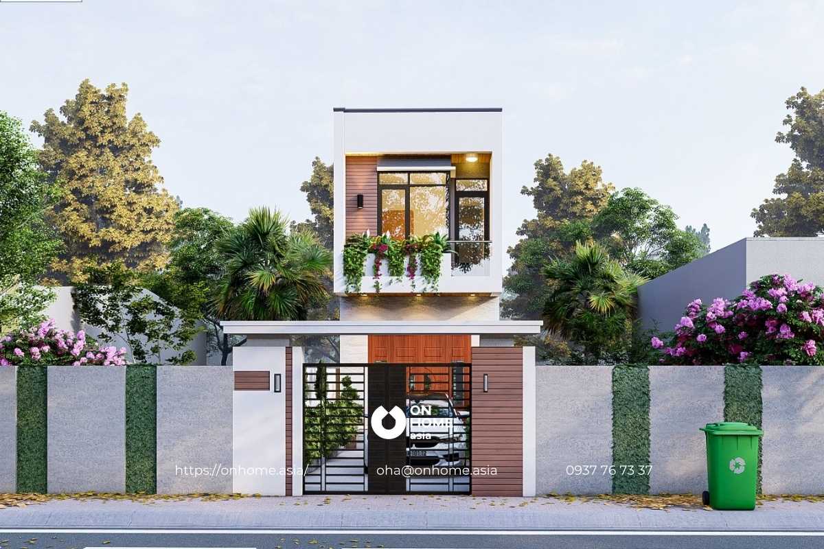 Phối cảnh nhà ống 2 tầng đẹp có gác lửng hiện đại