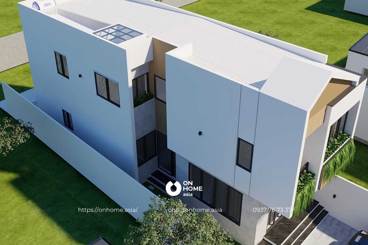 Nhà ống 2 tầng đẹp mái lệch đơn giản, hiện đại