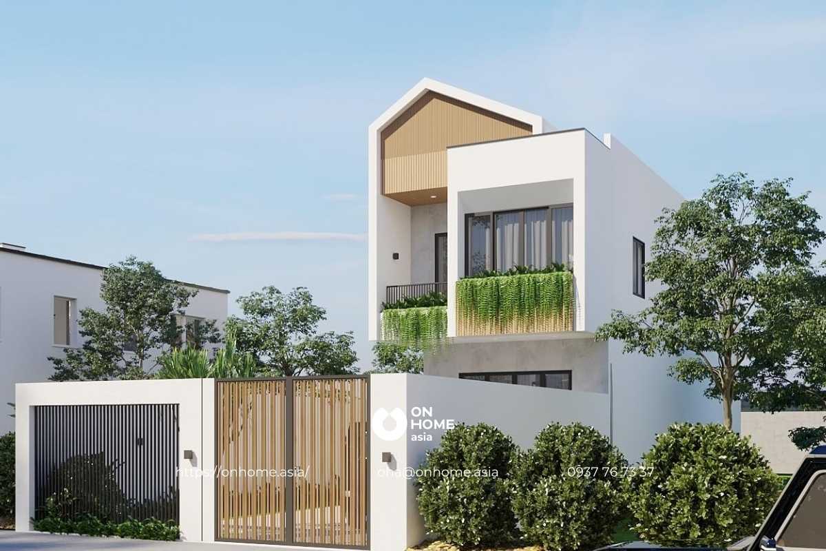 Nhà ống 2 tầng mái lệch đơn giản, hiện đại