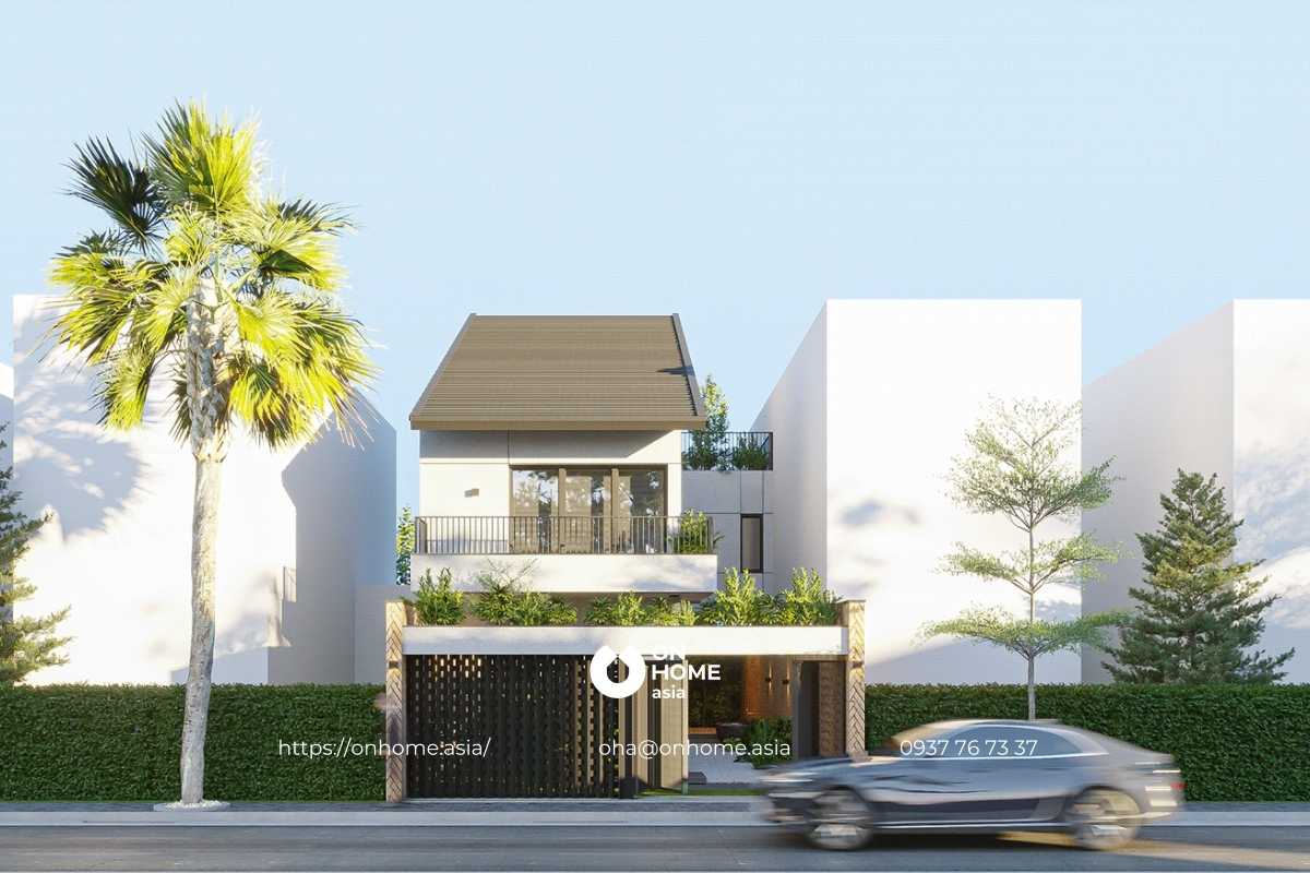 Mẫu nhà ống 2 tầng đẹp ở nông thôn mái lệch đẹp