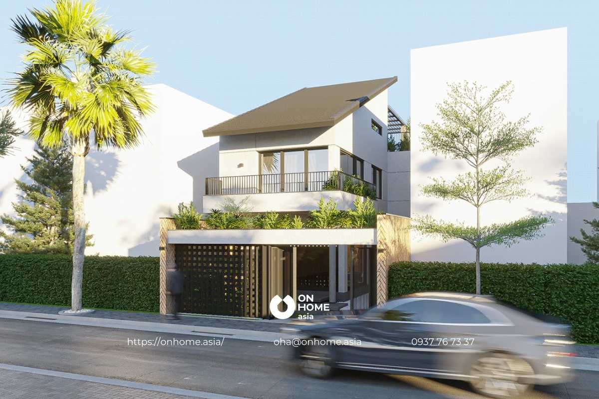 Nhà ống 2 tầng đẹp ở nông thôn mái lệch đẹp