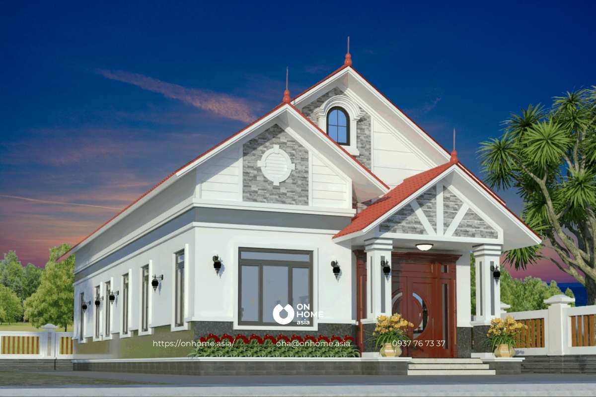 Mẫu nhà cấp 4 có gác lửng 3 phòng ngủ mái Thái hiện đại