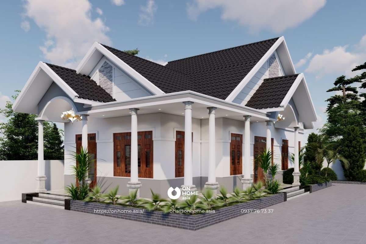 Mẫu nhà cấp 4 có 4 phòng ngủ có mái Thái hiện đại