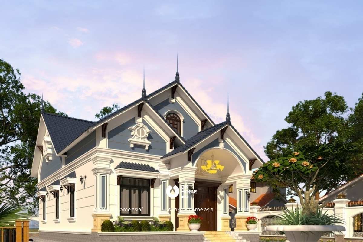 Mẫu nhà cấp 4 gác lửng phong cách Tân Cổ Điển 4 phòng ngủ đẹp