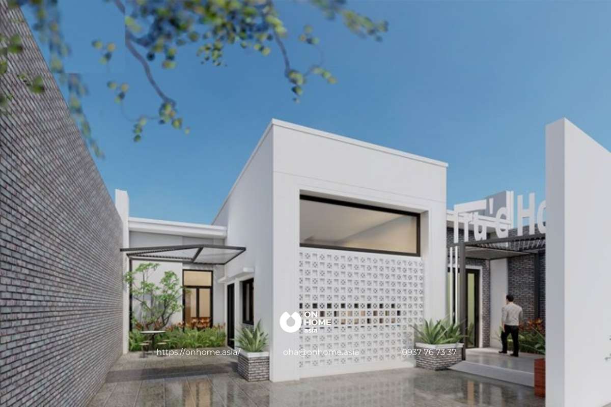 Mẫu nhà cấp 4 mái bằng chữ L hiện đại