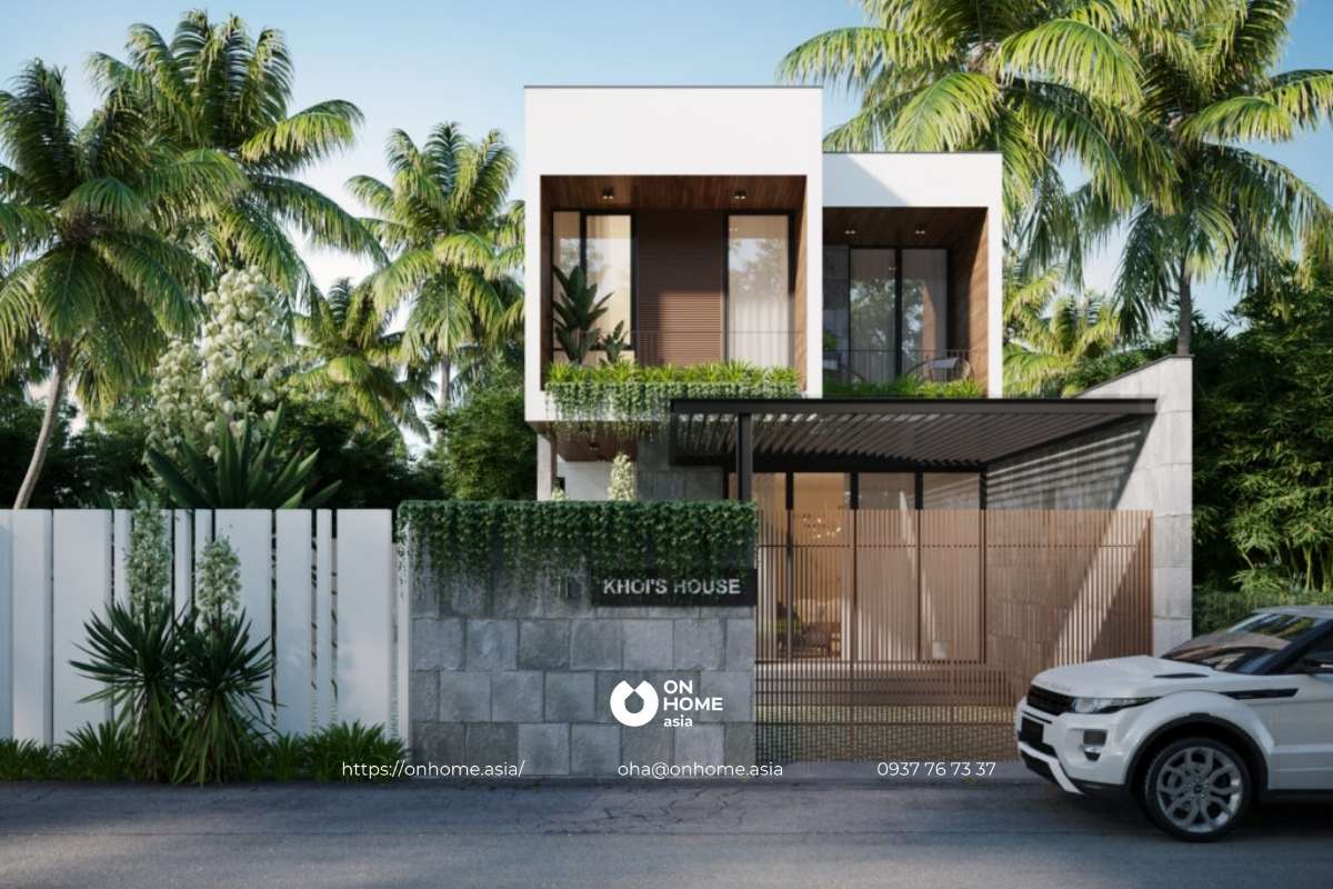 Nhà chữ L 2 tầng mái bằng hiện đại, đẹp