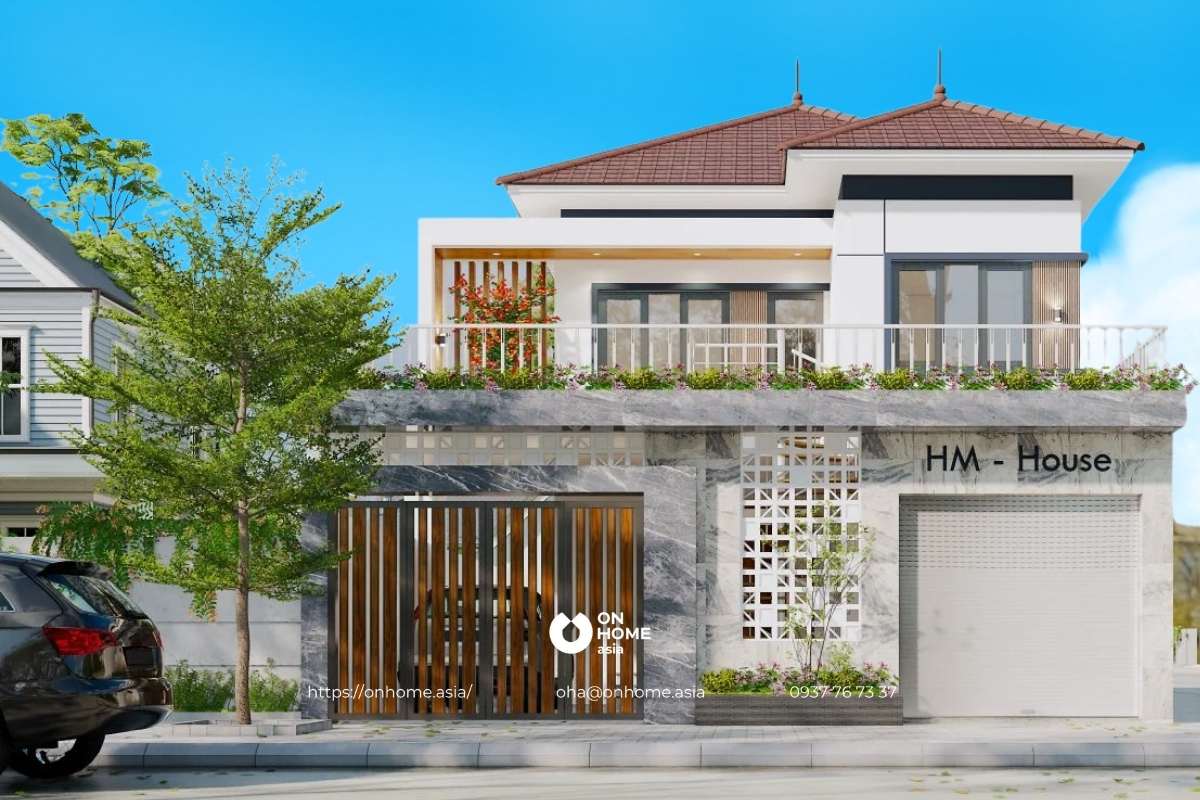 Nhà 2 tầng chữ L mái Nhật sang trọng