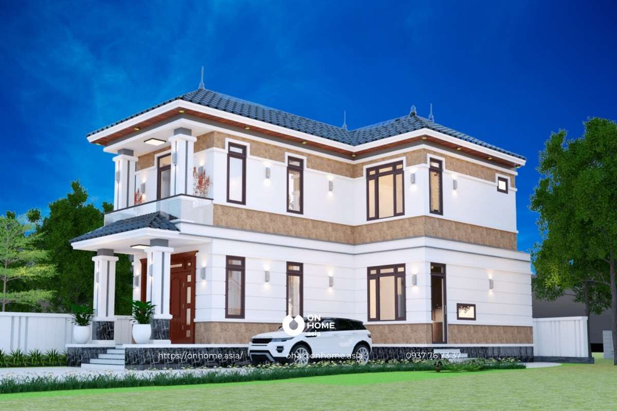 Thiết kế nhà 2 tầng chữ L mái Thái&nbsp;