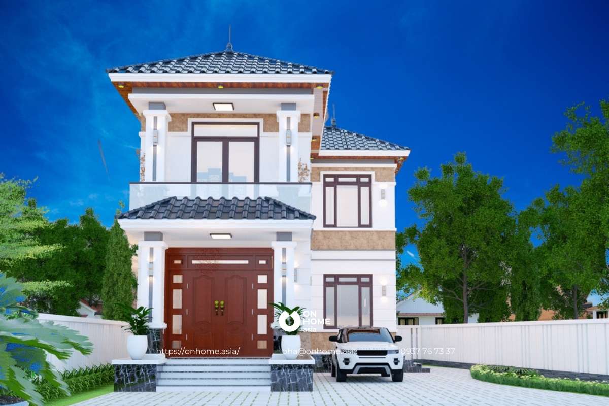 Thiết kế nhà 2 tầng chữ L mái Thái&nbsp;