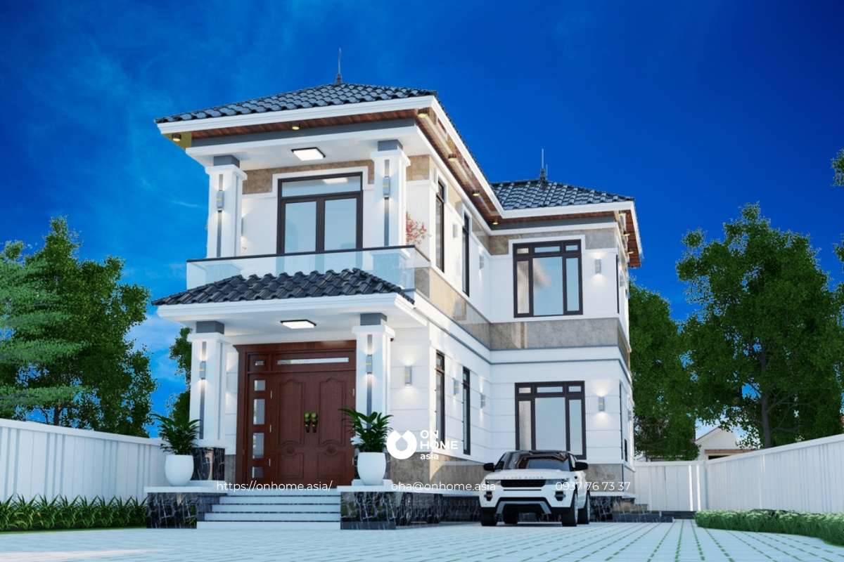 Thiết kế nhà 2 tầng chữ L mái Thái đẹp