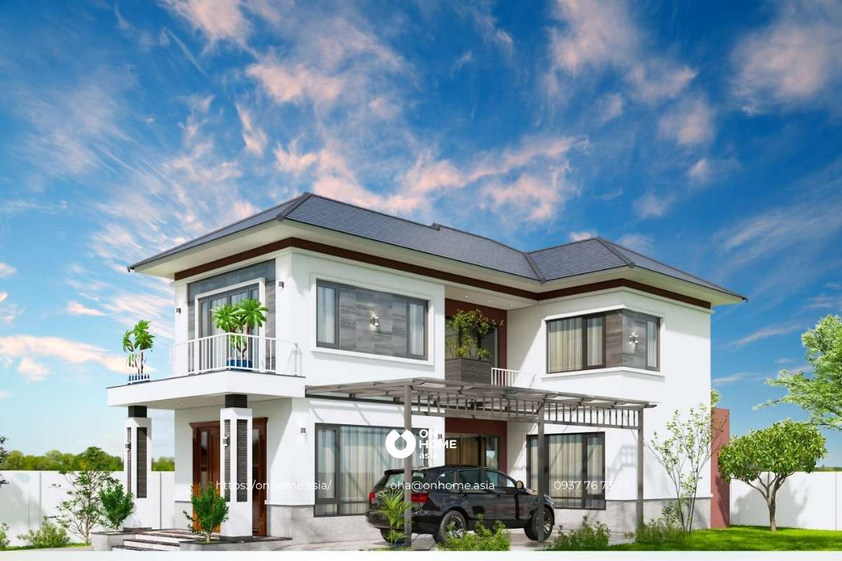 Thiết kế nhà 2 tầng chữ L sang chảnh